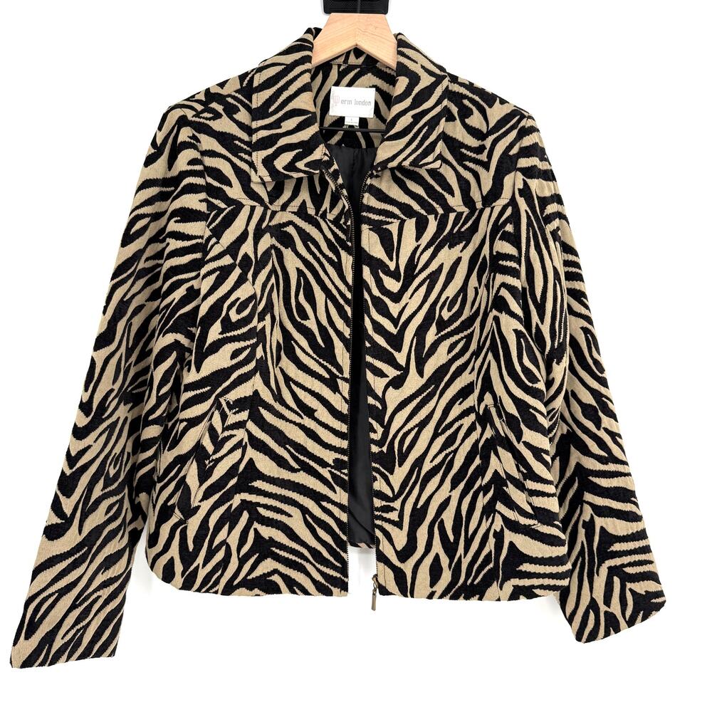 Erin London Zebra Print Zip Front Jacket Top Women Size Large L